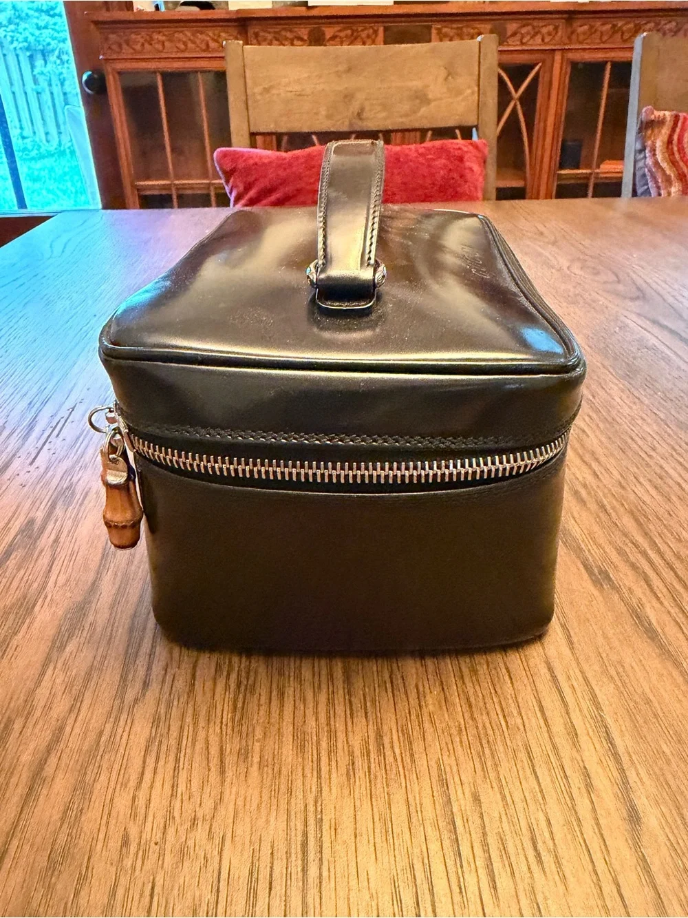 Vintage GUCCI Black Patent Leather Bamboo Vanity Cosmetic Case Bag